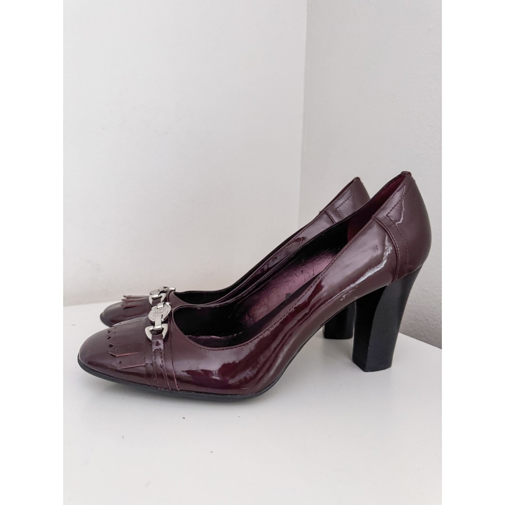 Anne Klein iFlex Burgundy Patent Leather Kiltie Fringe Block Heel Pumps 8.5M